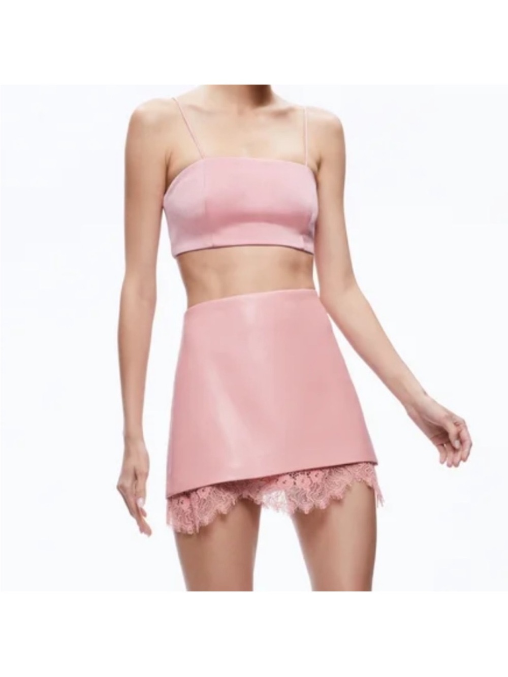 Alice + Olivia Rubi Vegan Leather Lace-Trim Mini Skirt